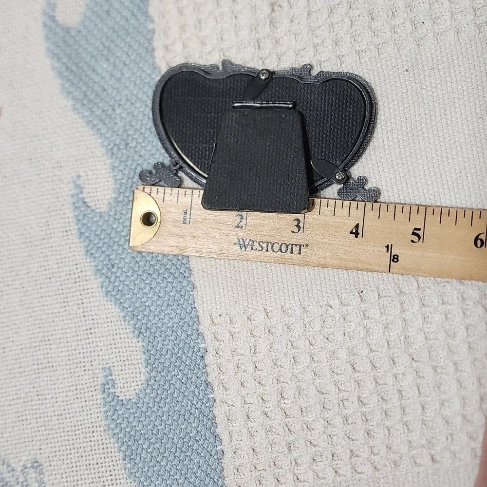 Vintage Double Heart Miniature Picture Frame Pewter Tone Ornate Victorian Style
